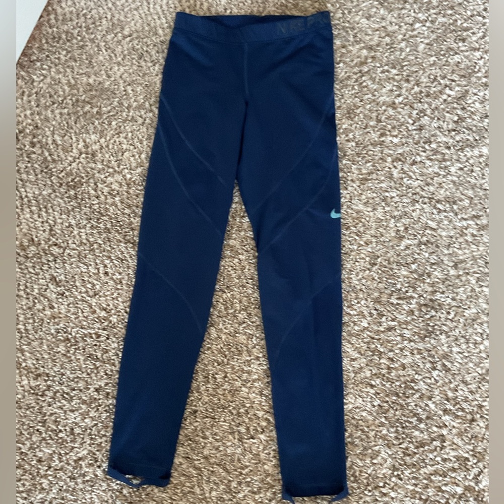 Nike Pro Hyperwarm Navy Leggings w/ Heel Straps- Size S